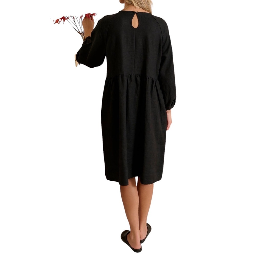 Sauths Black Linen Smock Dress Womens Size M Raglan Long Sleeve Midi Capri - Picture 2 of 13